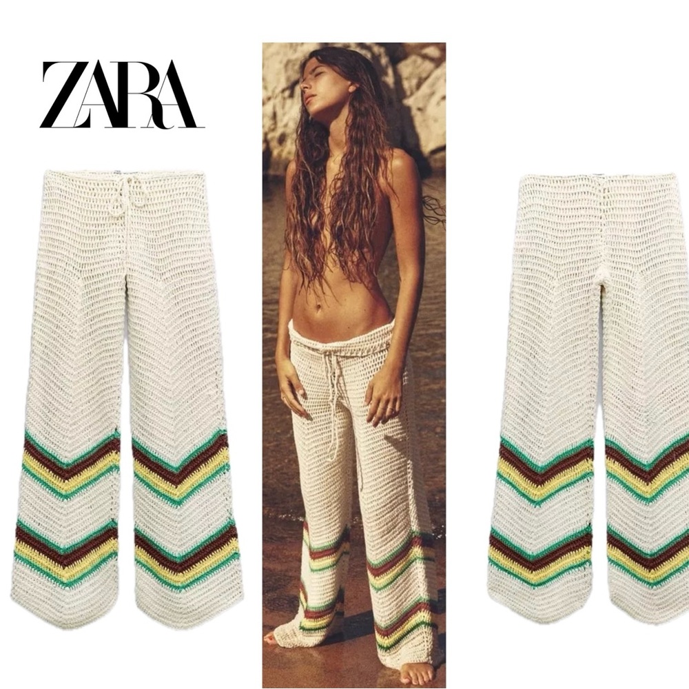 Zara crochet knit Rasta pants drawstring beach coverup Sz M NWOT summer vacation - Picture 14 of 14